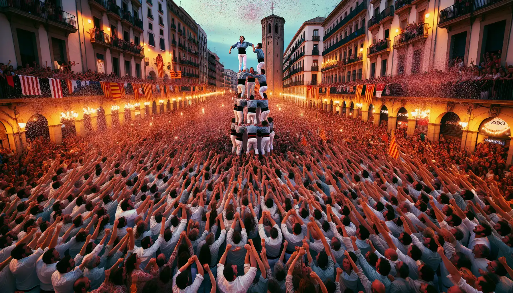 Crowds enjoying La Mercè festival atmosphere in central Barcelona with traditional performances at dusk