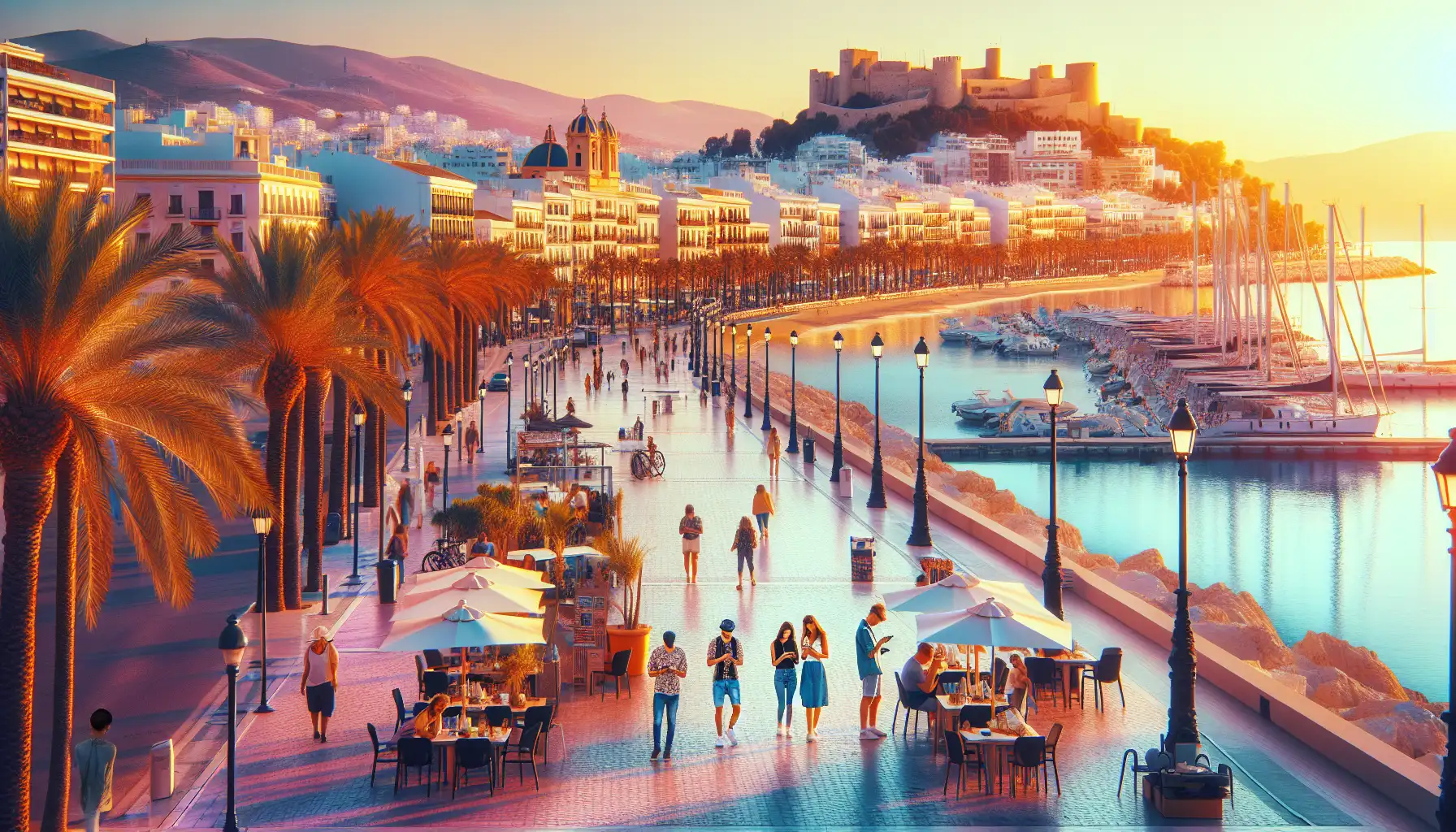 Waterfront view in Malaga with promenade, marina, beach, and travelers using phones