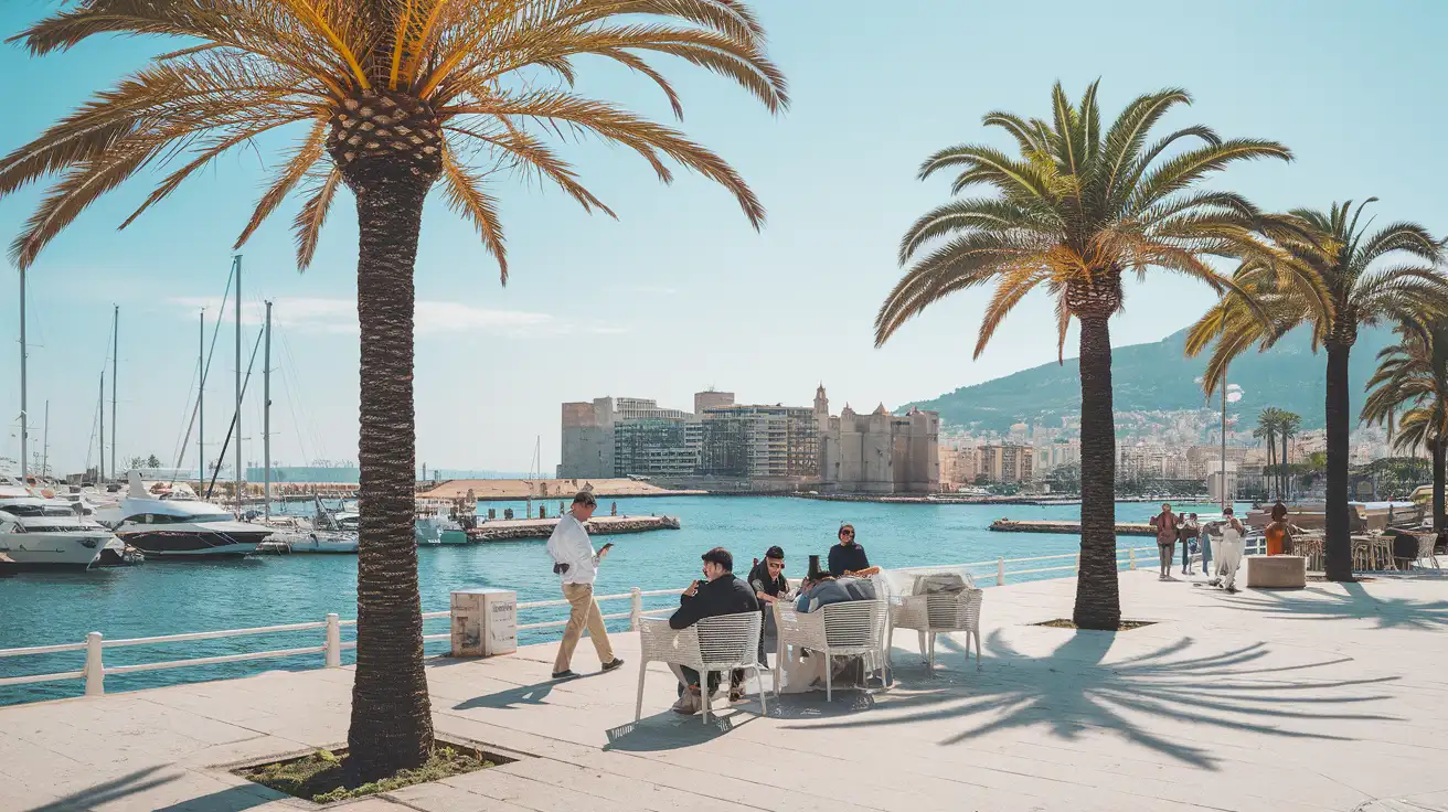 Travelers near Malaga's port promenade using phones with marina and palm trees behind them