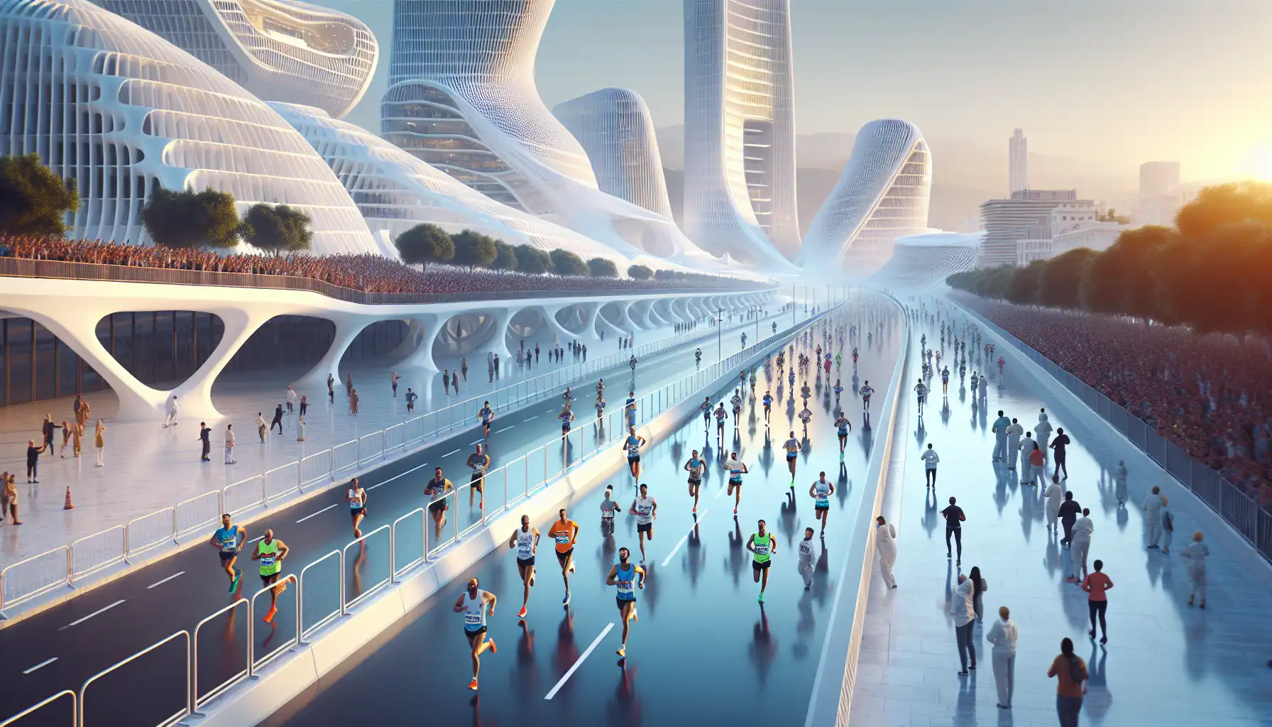 Runners and supporters at a major Valencia marathon near futuristic waterside architecture at sunrise