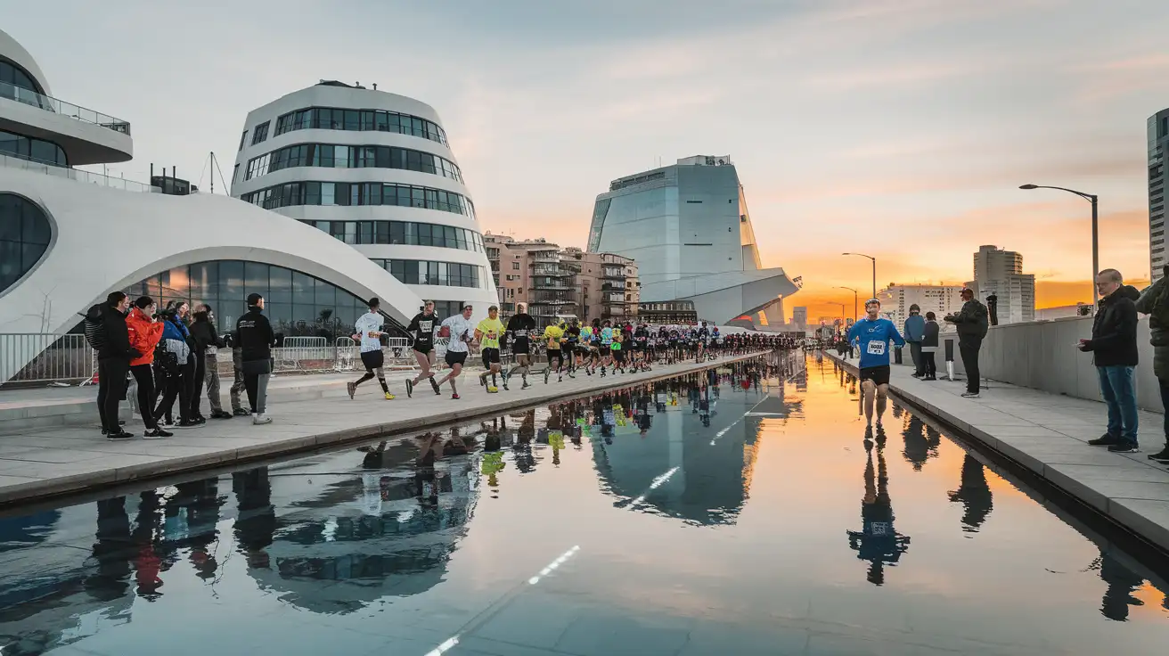 Marathon runners warming up near Valencia's futuristic arts district at dawn