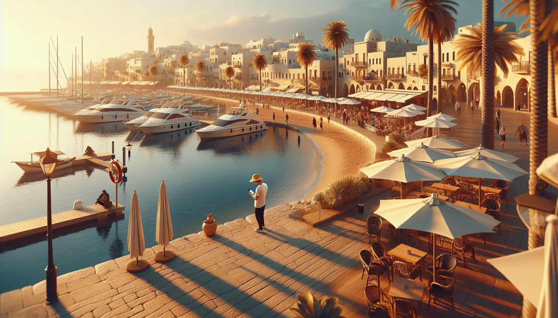 Traveler using a phone near Marbella waterfront with marina and palm-lined promenade in view