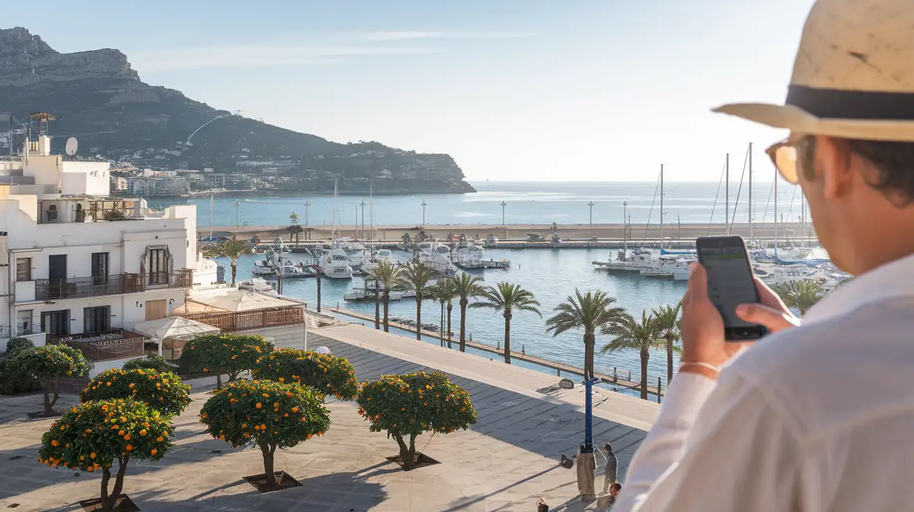 Traveler checking phone between Marbella old town and waterfront areas
