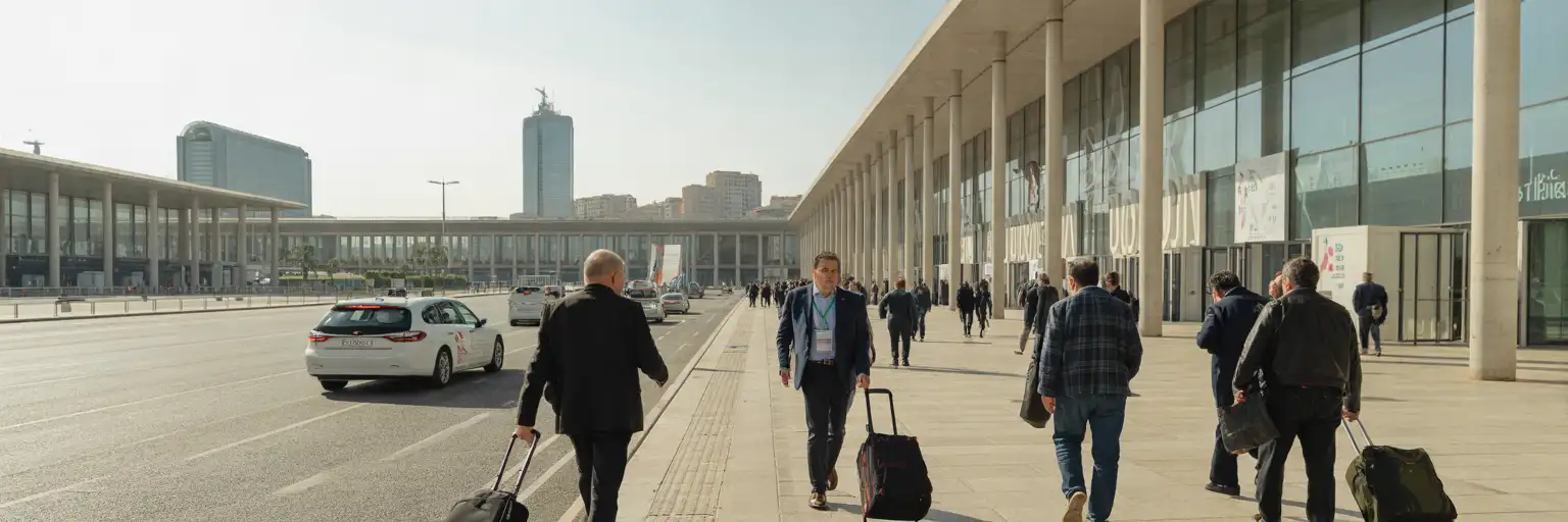 Business travelers arriving outside Barcelona's major exhibition venue during a large mobile technology trade fair