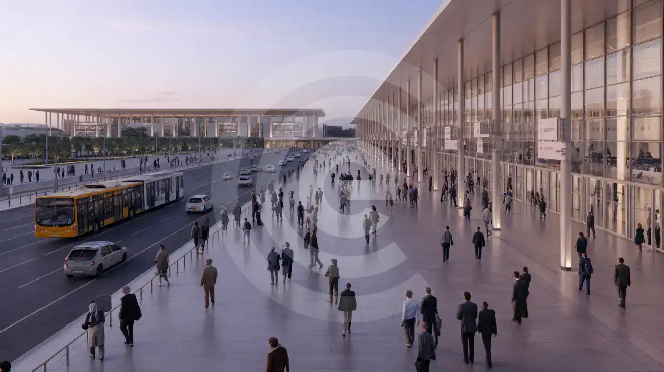 Evening atmosphere around a major Barcelona exhibition complex during a busy trade fair week