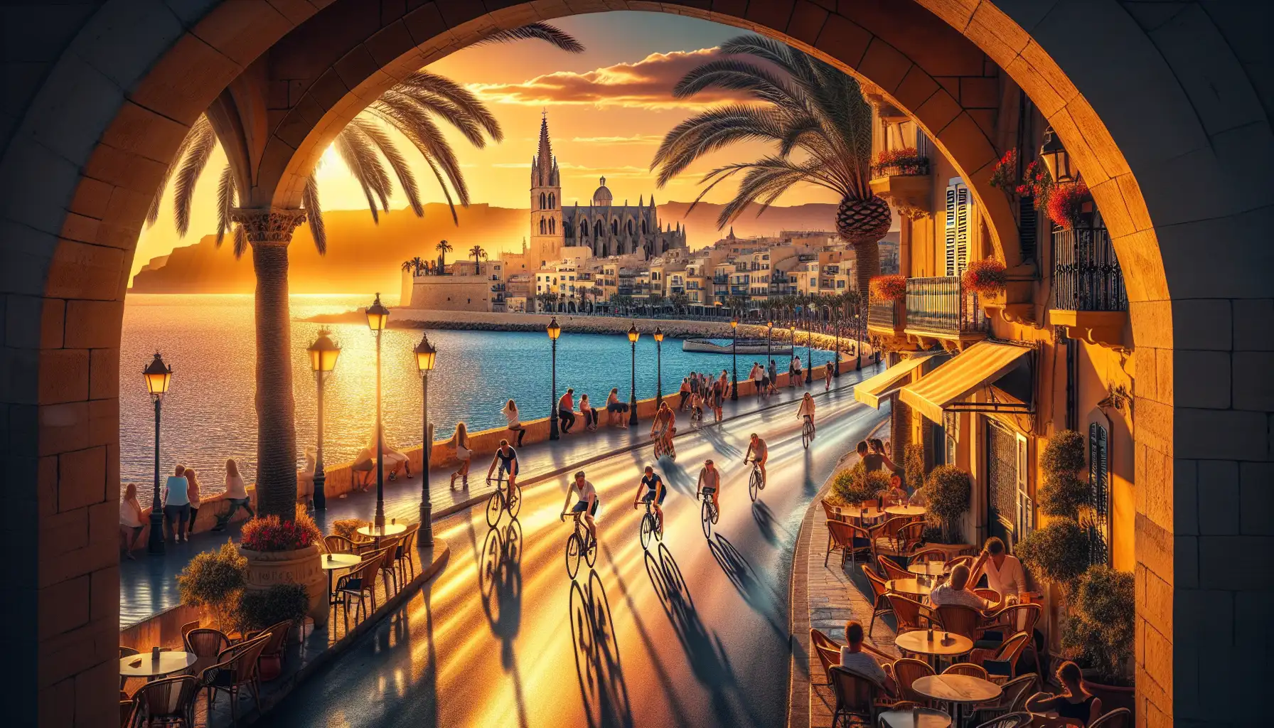 View of Palma de Mallorca with cathedral, waterfront, and warm Mediterranean evening light