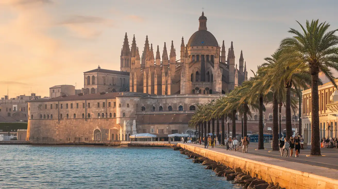 Cathedral of Santa Maria of Palma above the waterfront in warm light