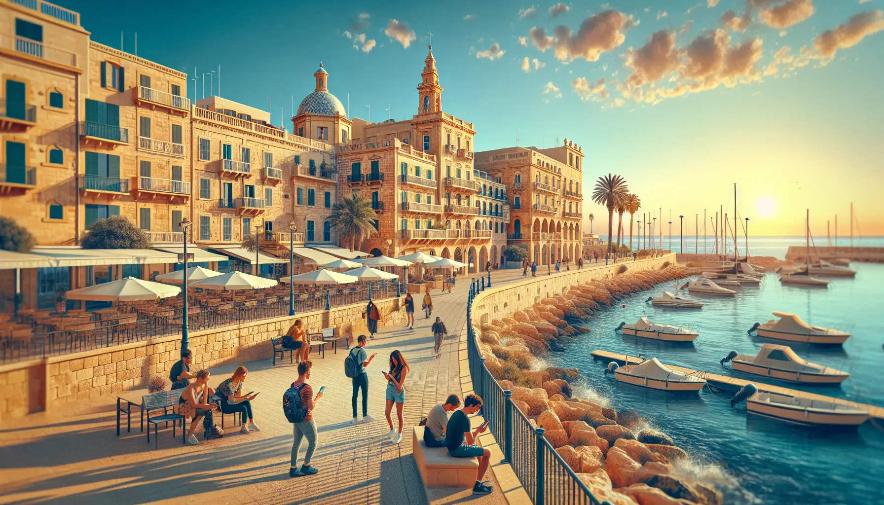 Travelers using phones near Palma's waterfront and old town in warm evening light