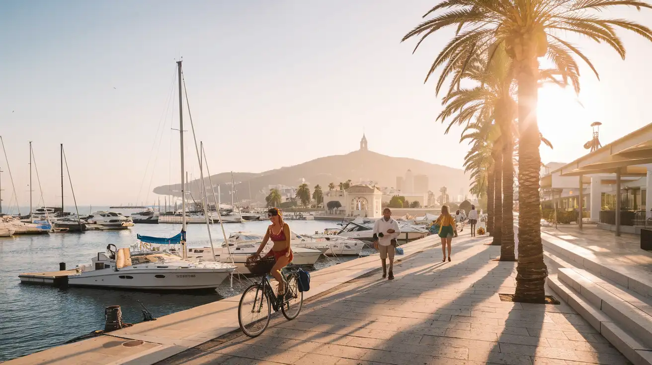 Travelers near Palma's waterfront using phones with the marina and old town beyond