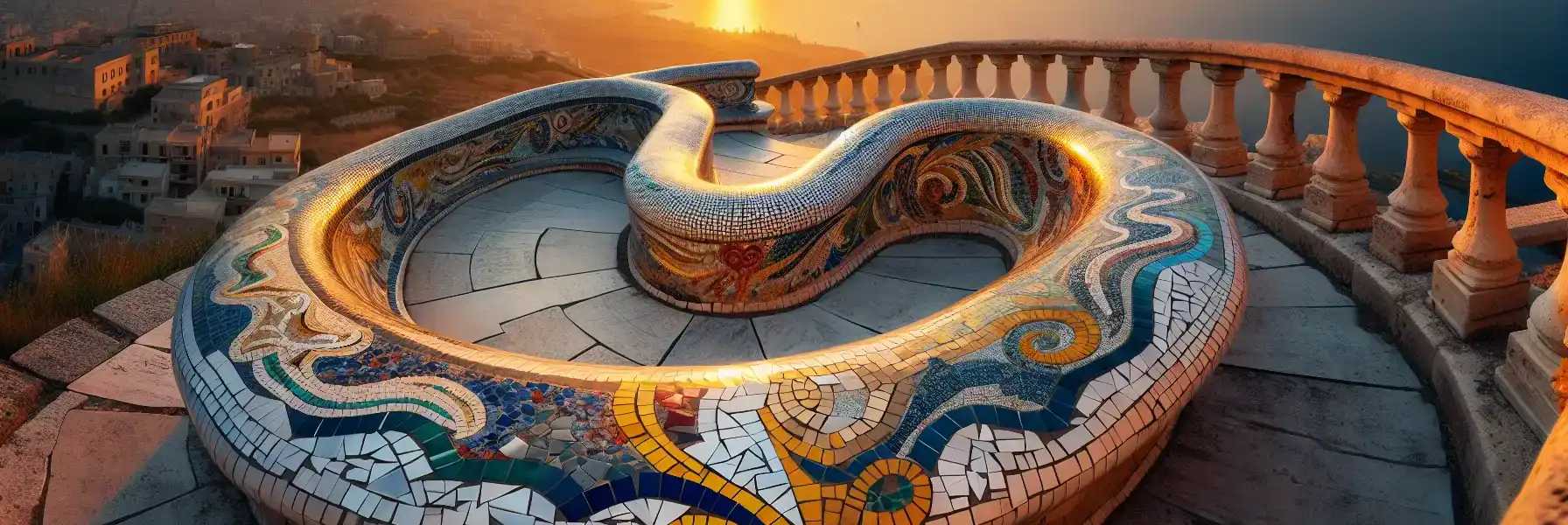 Colorful mosaic serpentine bench overlooking Barcelona from a hillside terrace at golden hour