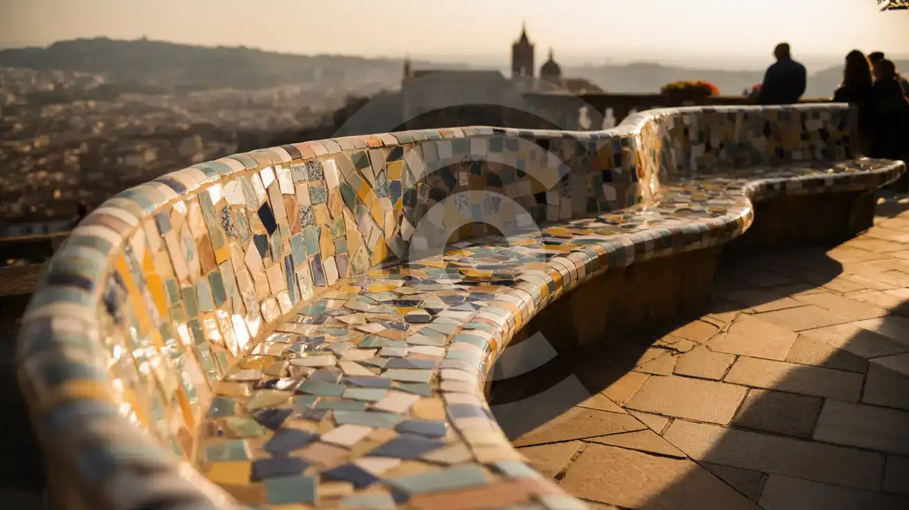 Colorful trencadís mosaic serpentine bench overlooking Barcelona at golden hour