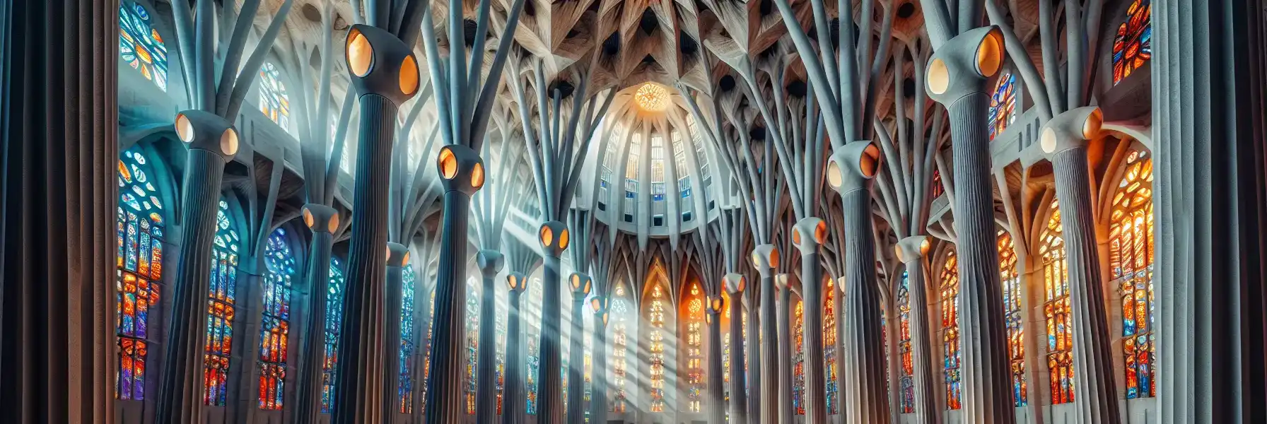 Interior of Sagrada Família basilica showing tree-like columns and colorful stained glass windows casting light across the nave