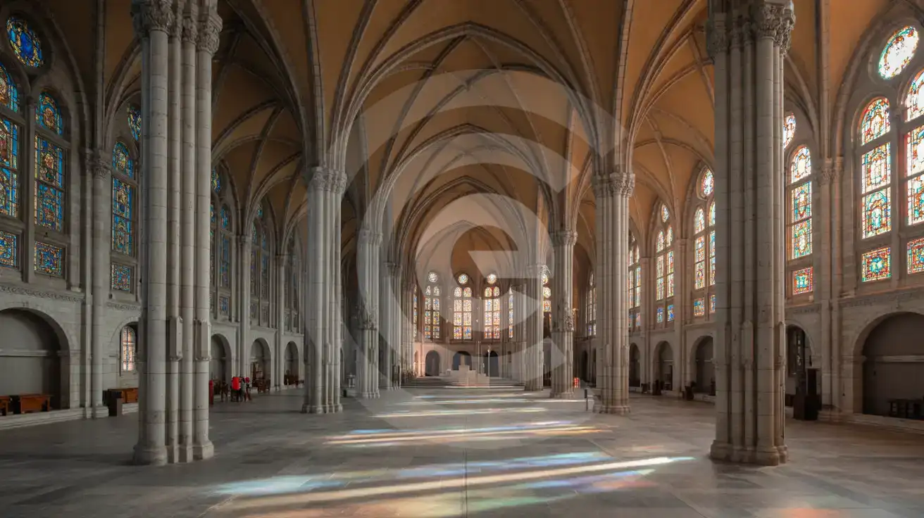 Interior of the basilica showing tree-like columns and colorful stained glass windows casting light across the nave
