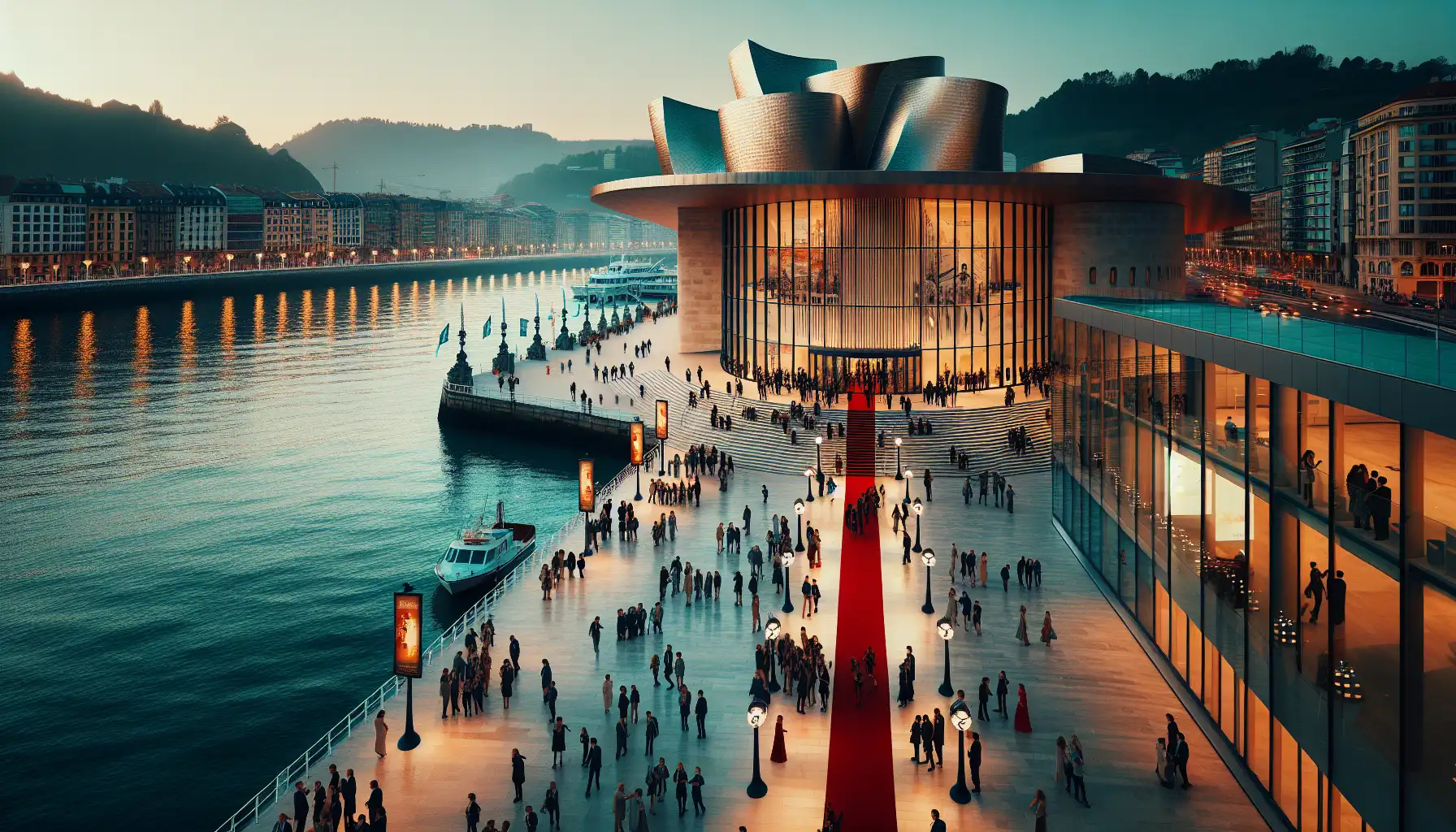 Evening festival atmosphere in San Sebastián near the waterfront with elegant cinema-goers and illuminated cultural venues