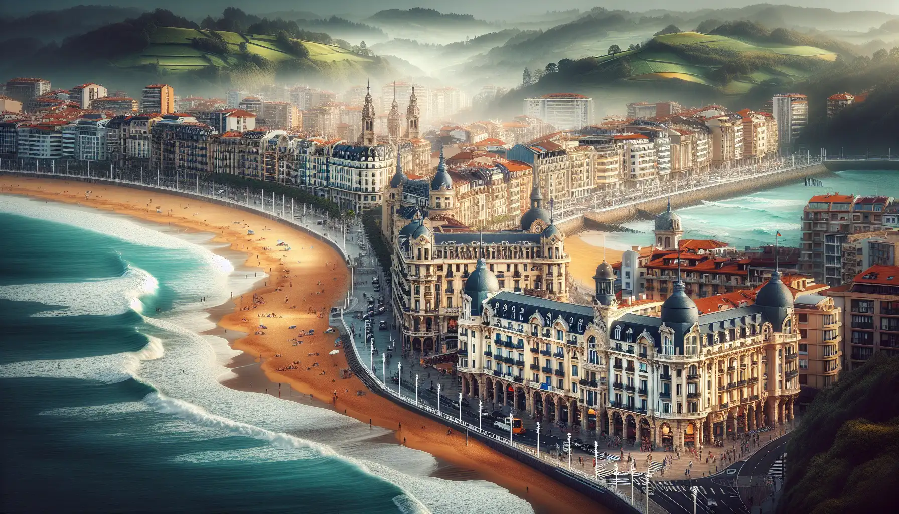 View of San Sebastián waterfront with beach, promenade, and travelers using phones