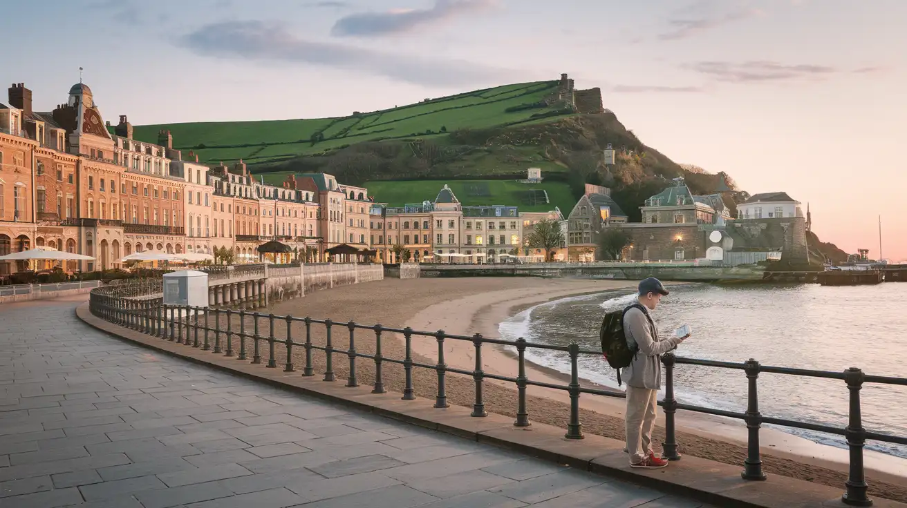 Traveler using a phone along San Sebastián bay promenade