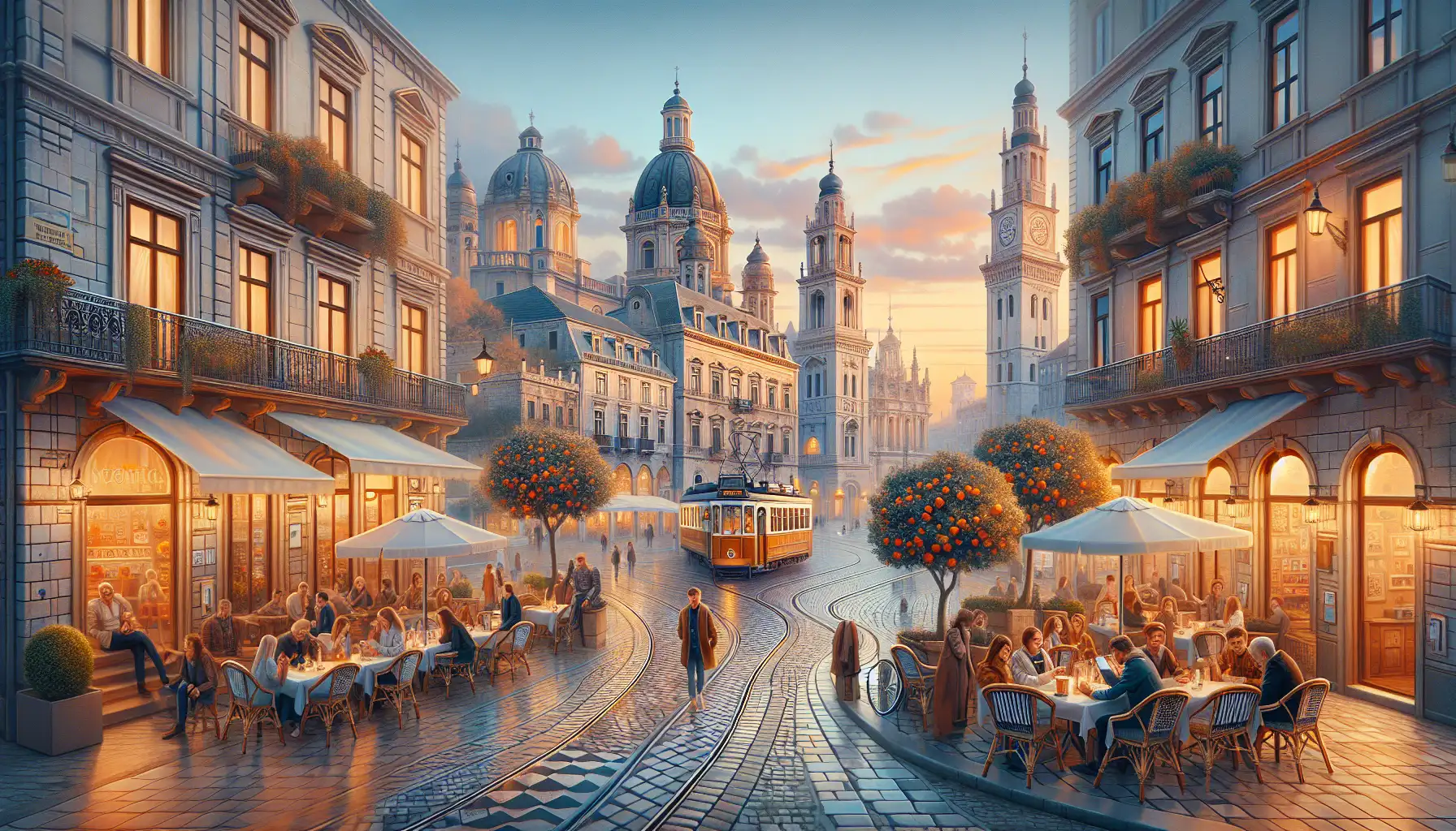 Travelers using phones in a sunlit Seville square near historic architecture and tram lines