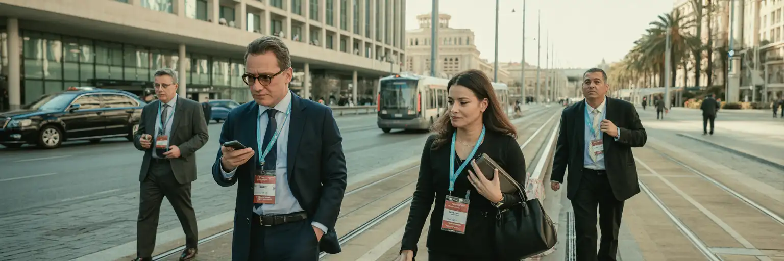 Teilnehmer kommen zu einem großen, modernen Kongresszentrum in Barcelona während eines bedeutenden Kongresses für urbane Innovation