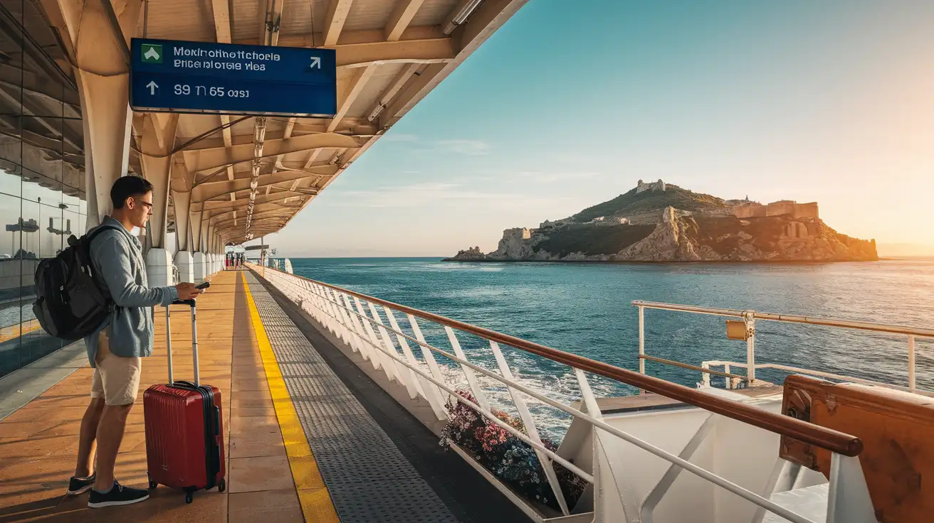 Traveler using mobile data during a rail and ferry journey in Spain