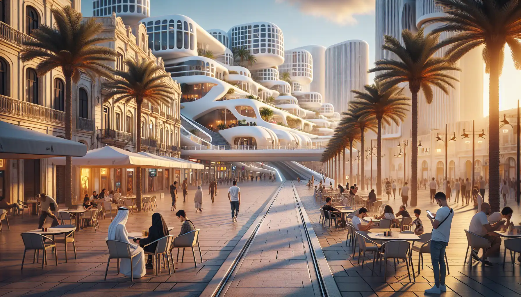 Travelers using phones in central Valencia with modern architecture and palm-lined streets nearby
