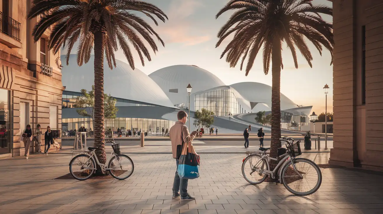 Traveler using mobile data while moving between central Valencia and the modern cultural district