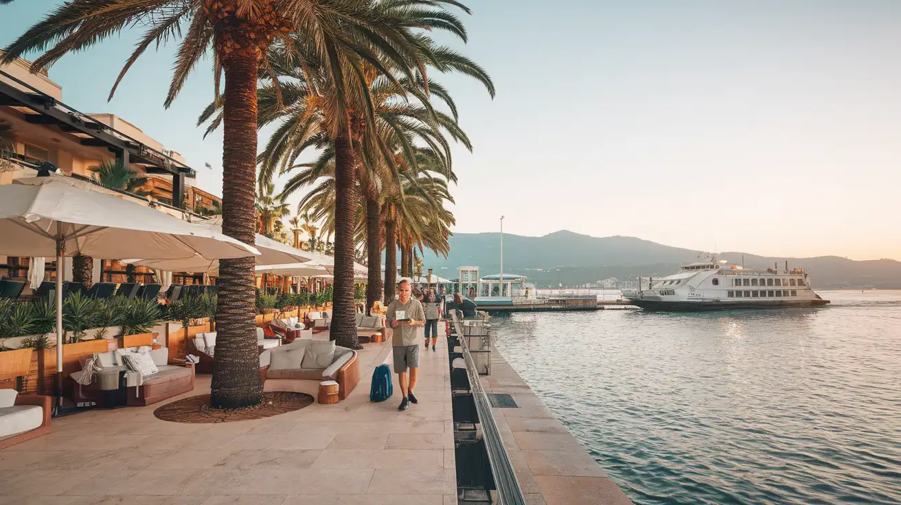 Voyageurs consultant leurs téléphones près du bord de mer à Cannes avant de se diriger vers les ferries et leurs plans pour la soirée