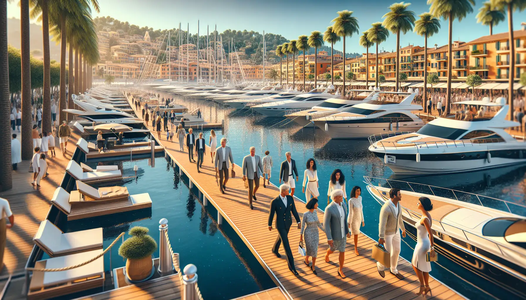 Visitors walking along yacht show pontoons in Cannes with luxury boats moored in the marina