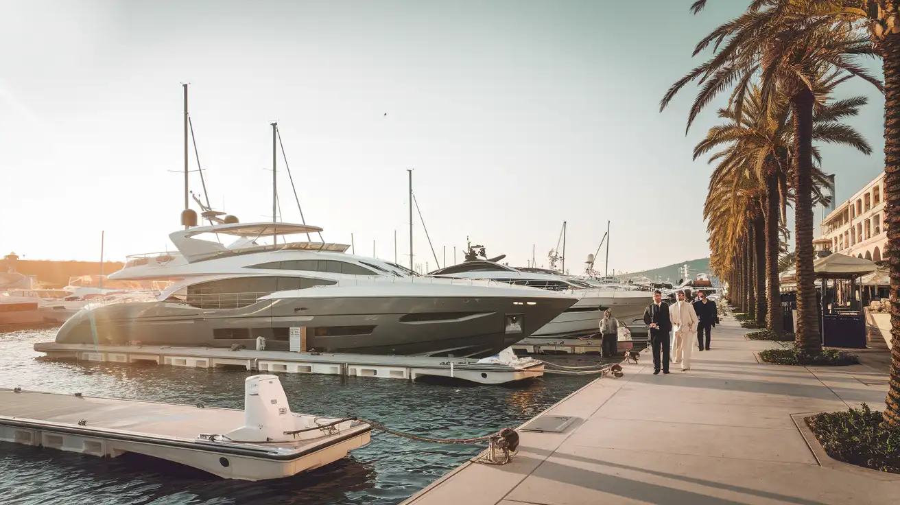 Luxury yachts and visitors at a Cannes marina during a major boat show