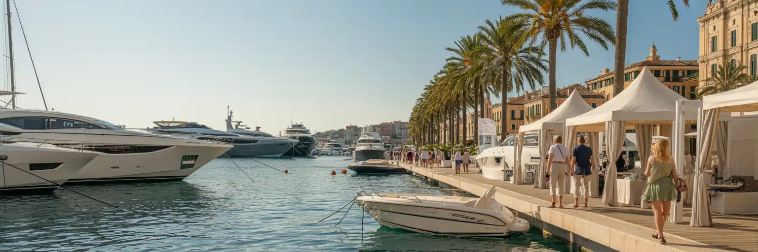 Yachts de luxe amarrés à Cannes lors d'un salon nautique ensoleillé en Méditerranée, avec des visiteurs se promenant le long de la marina