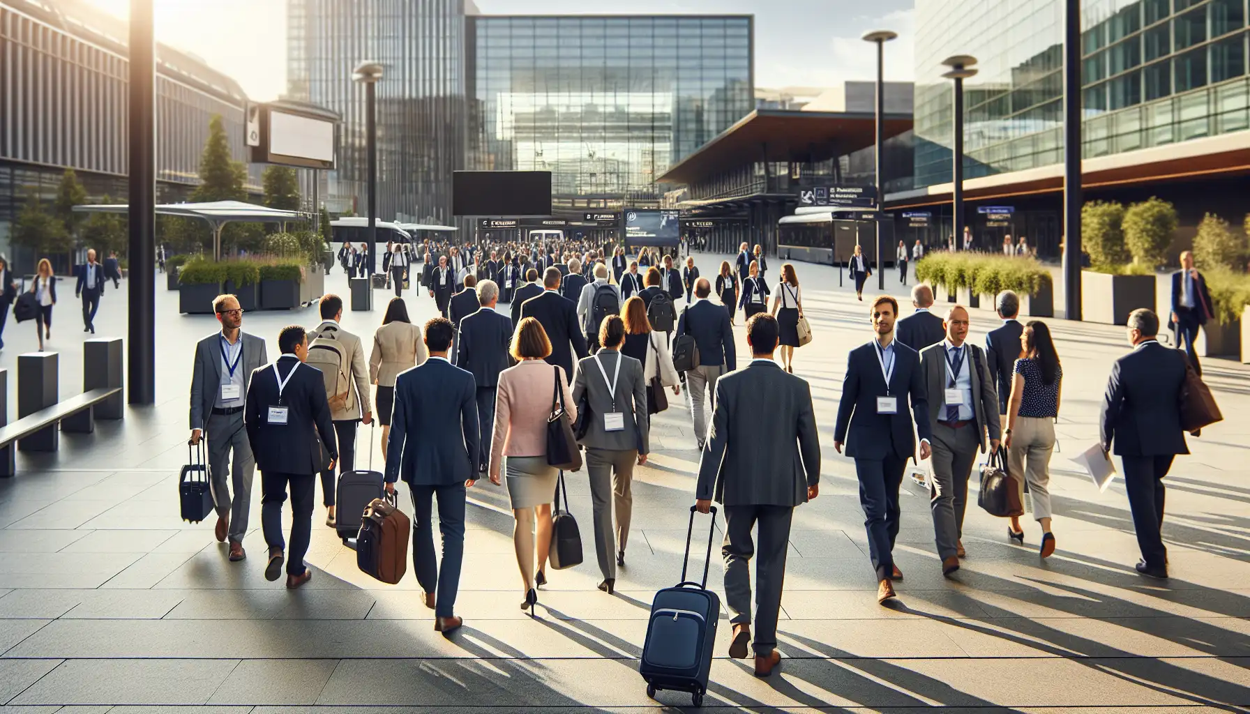 Medical congress attendees arriving at a large Paris convention venue with metro access nearby