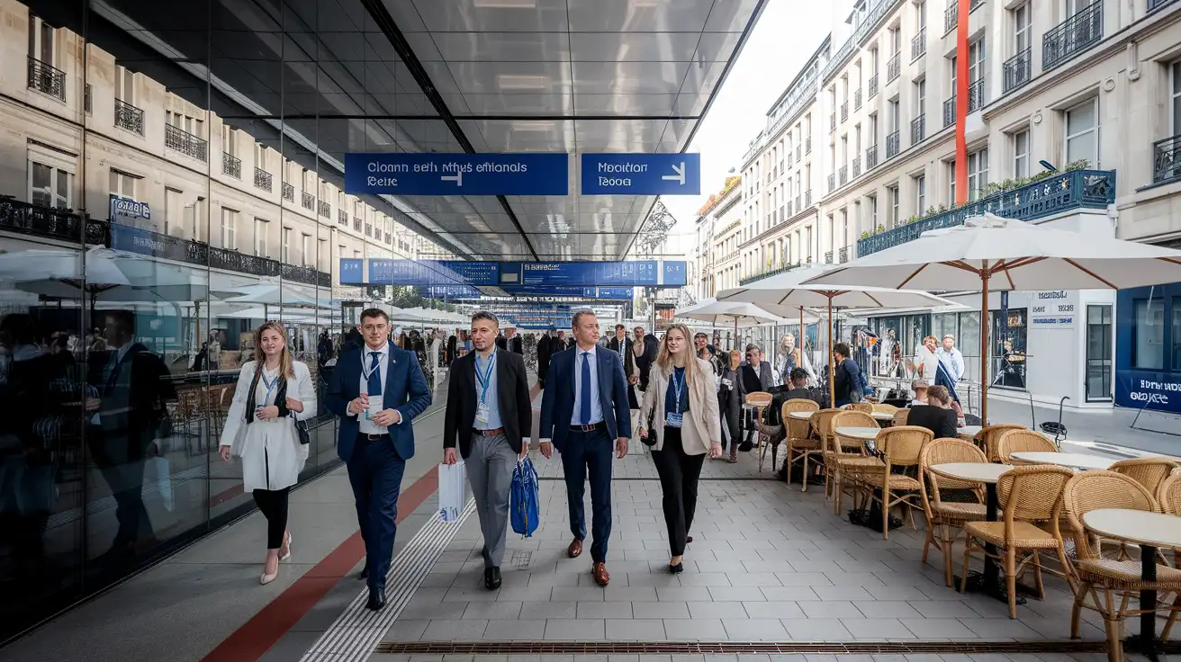 International medical attendees moving between a Paris congress venue and nearby transport