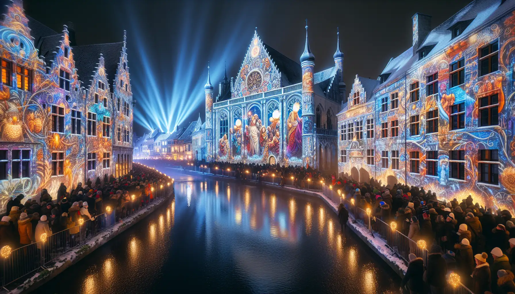 Night view of Lyon during a winter light festival with illuminated buildings and crowds