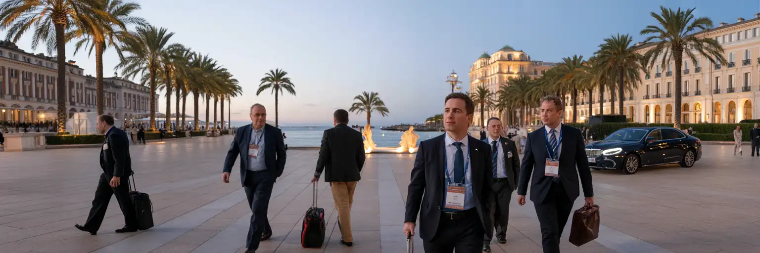 Teilnehmer, die während einer Luxusreisemesse im Kongressviertel an der Küste von Cannes ankommen