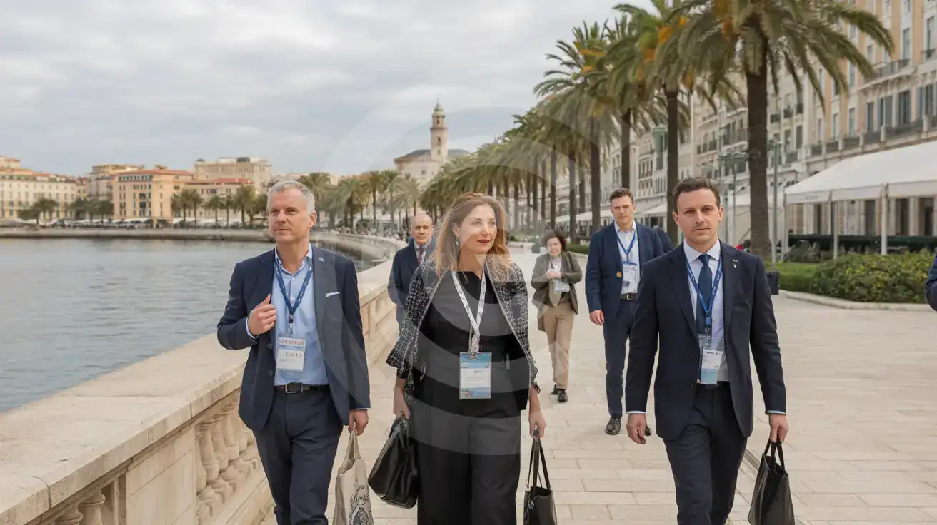 Delegados caminando fuera de un recinto de convenciones frente al mar en Cannes durante una feria comercial