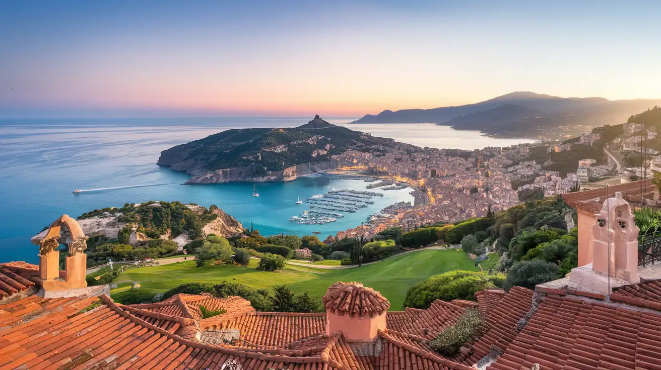 Blick vom Schlossberg über die Dächer von Nizza und die Bucht