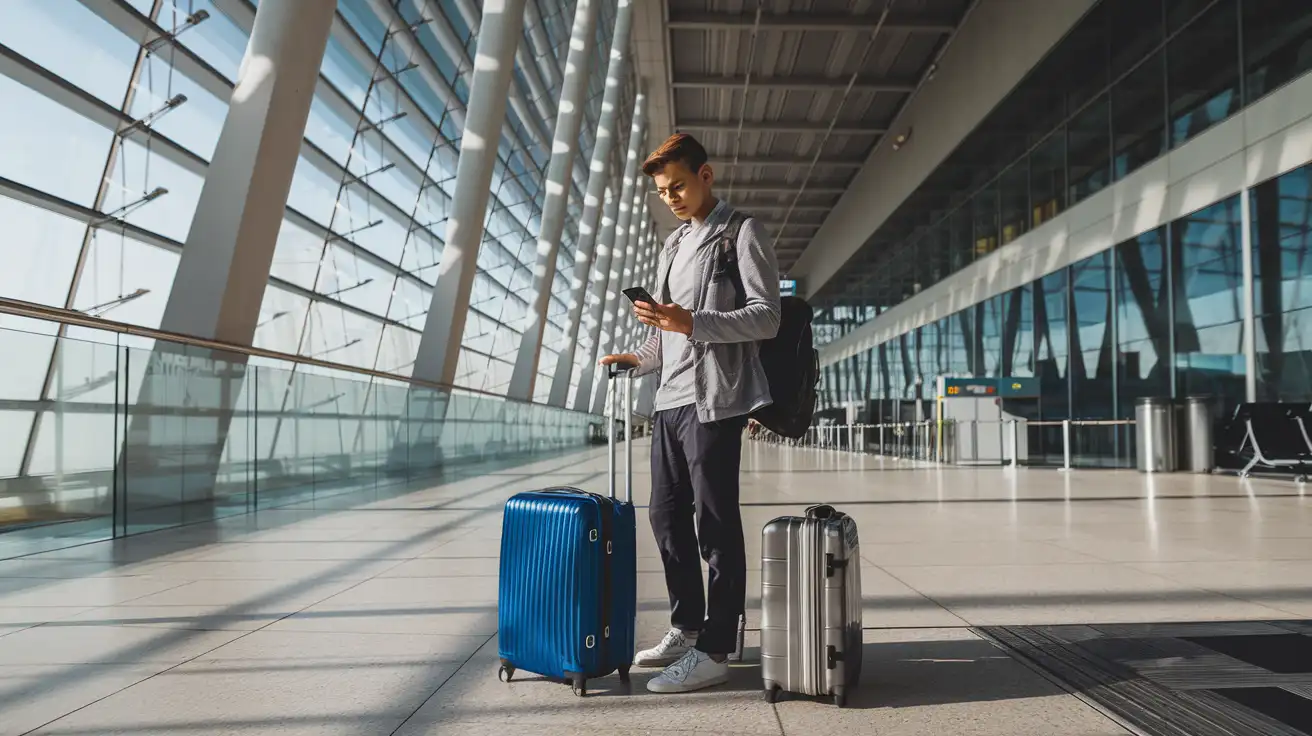 Traveler checking phone connection after landing at Orly Airport