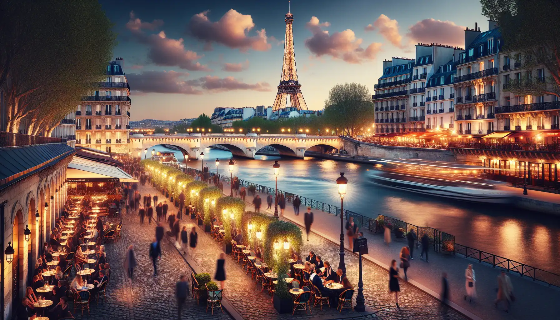 Evening view of Paris with riverside lights, classic architecture, and a landmark tower in the distance