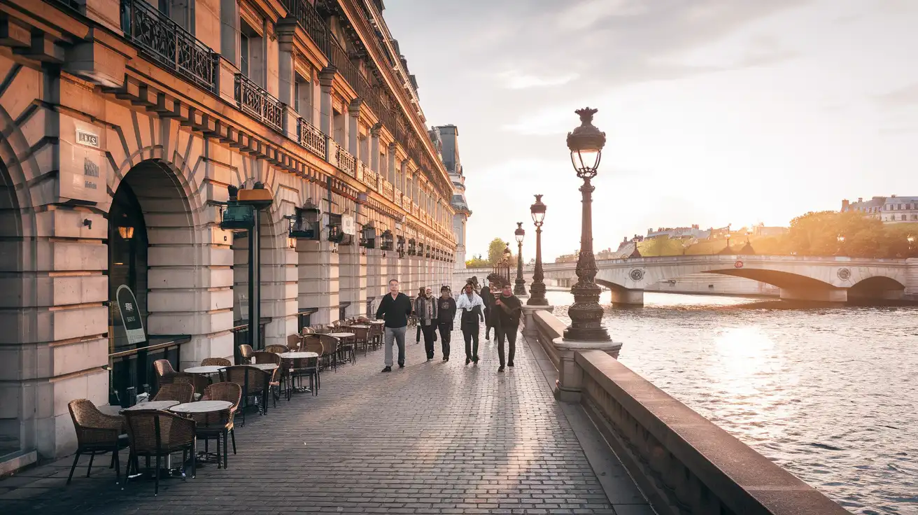 Reisende spazieren zur goldenen Stunde entlang der Seine in Paris