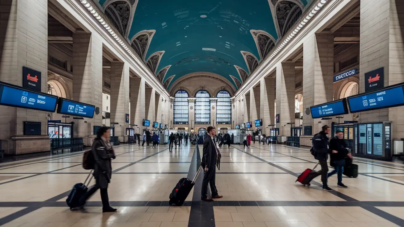 Viajantes verificando seus telefones dentro de uma estação movimentada em Paris