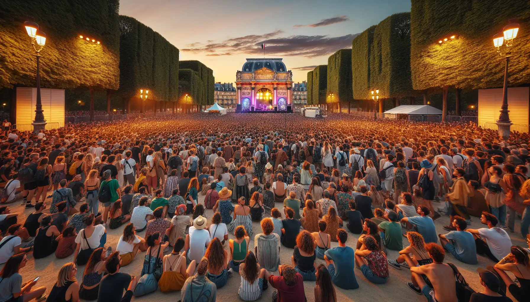 Crowds arriving at a summer music festival near Paris with park scenery and evening stage lights