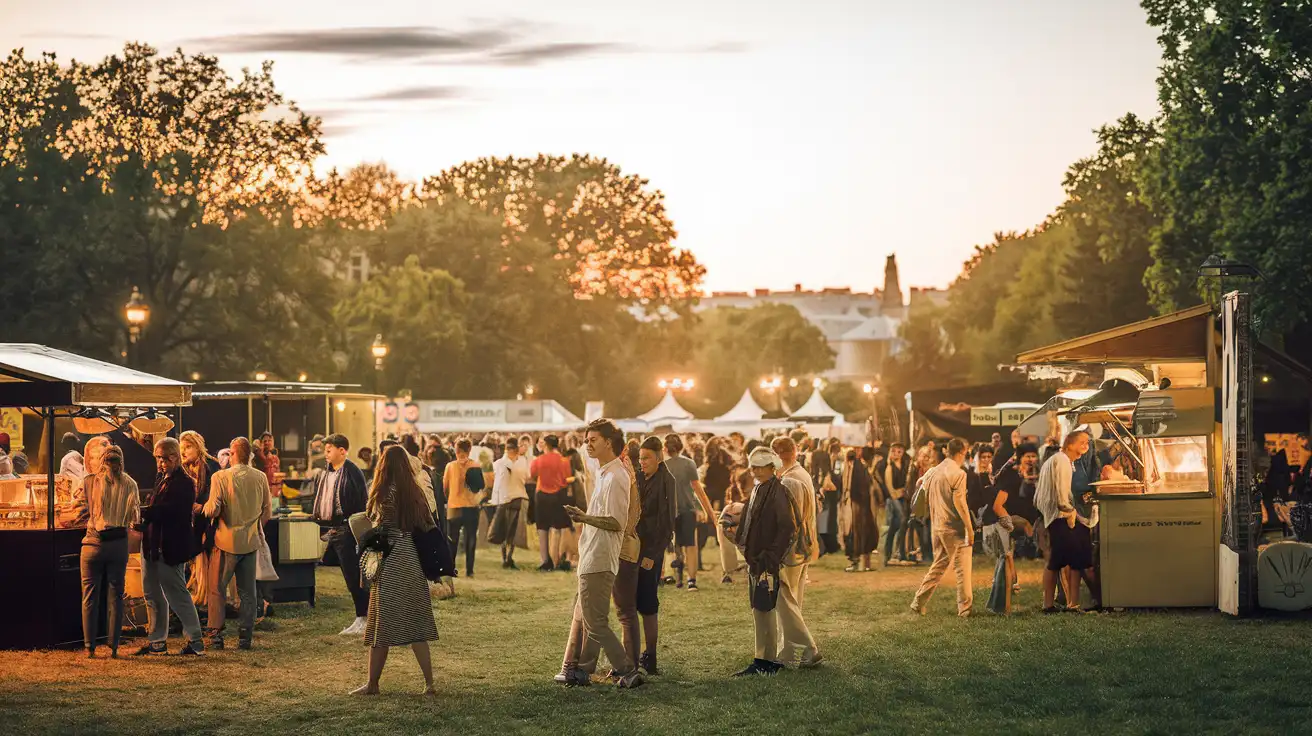 Festival crowd in a green park near Paris during a summer evening concert