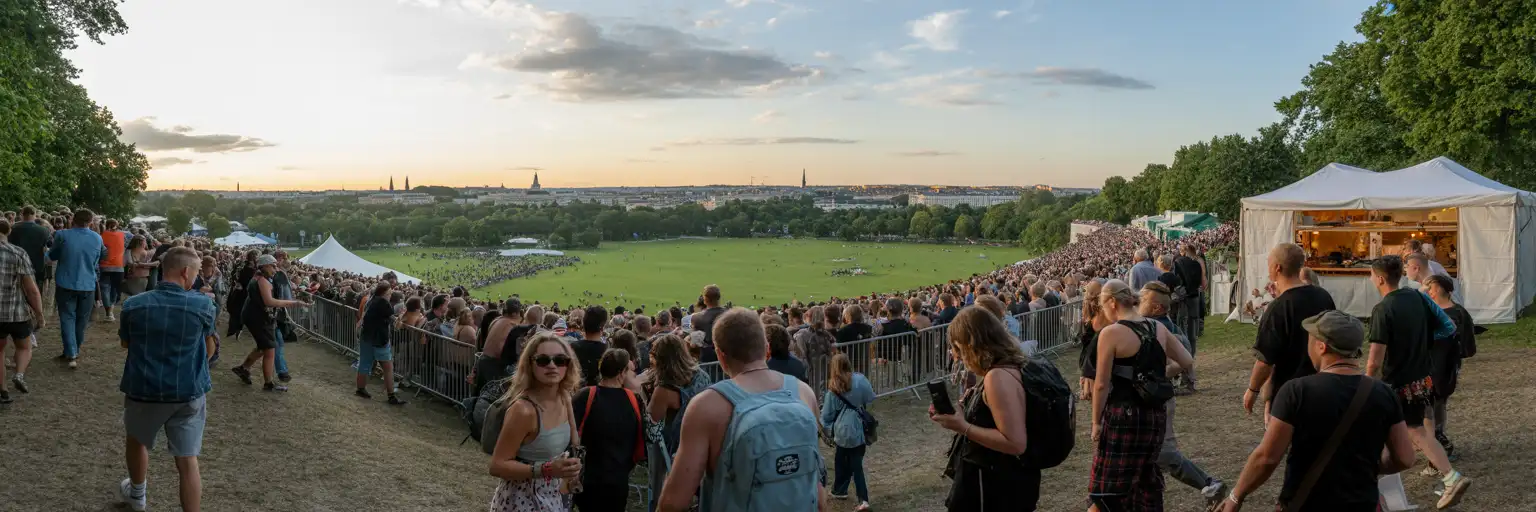 Foule profitant d'un festival de musique en plein air dans un grand parc verdoyant près de Paris au coucher du soleil