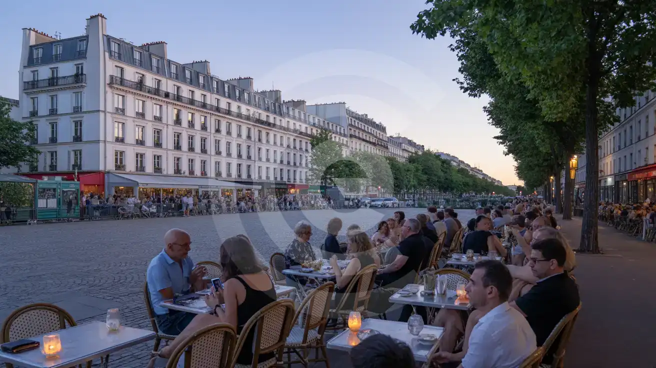 Paris yakınlarındaki bir parkta alacakaranlıkta açık hava festival kalabalığı
