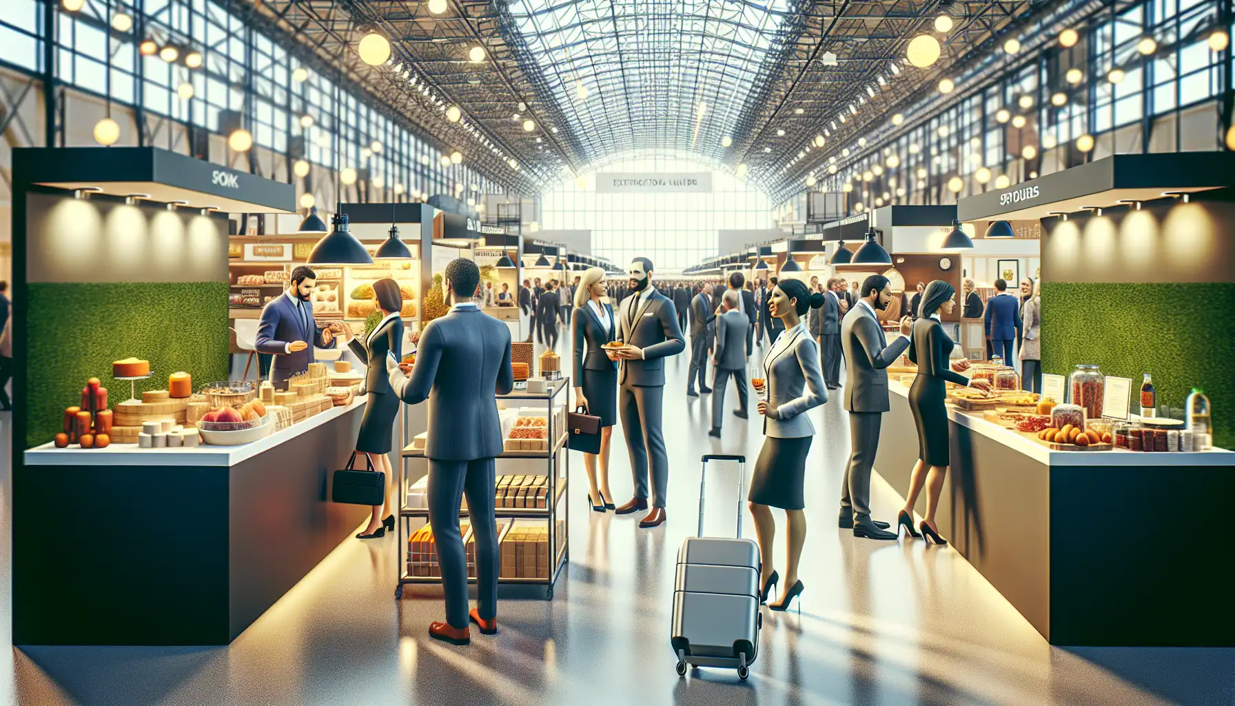 Busy international food trade fair in a large Paris exhibition hall with buyers, exhibitors, and tasting stands