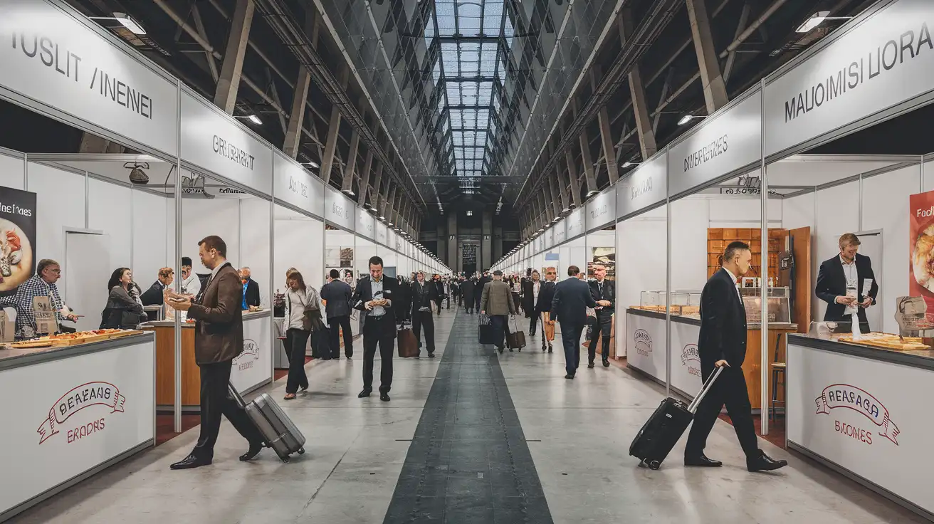 International food trade fair atmosphere near Paris with buyers moving through exhibition halls