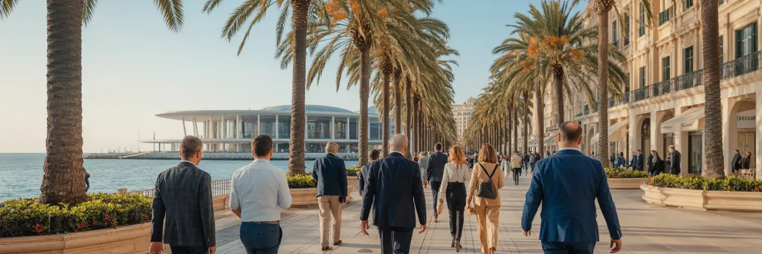 Voyageurs d'affaires arrivant à l'extérieur de la zone de convention en bord de mer de Cannes lors d'un important salon professionnel