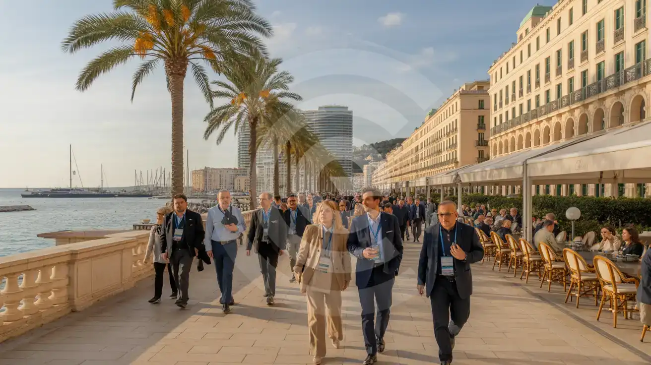 Atmosphäre der Konferenzwoche nahe dem Veranstaltungsort an der Strandpromenade von Cannes