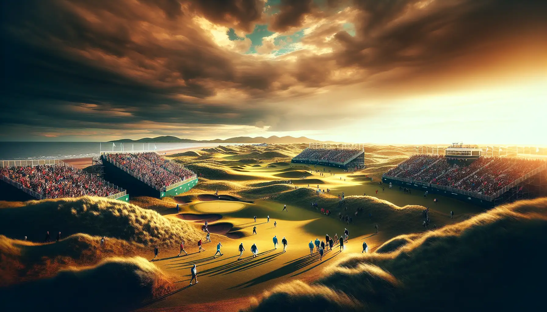 Spectators following championship golf on a Scottish coastal links course during summer