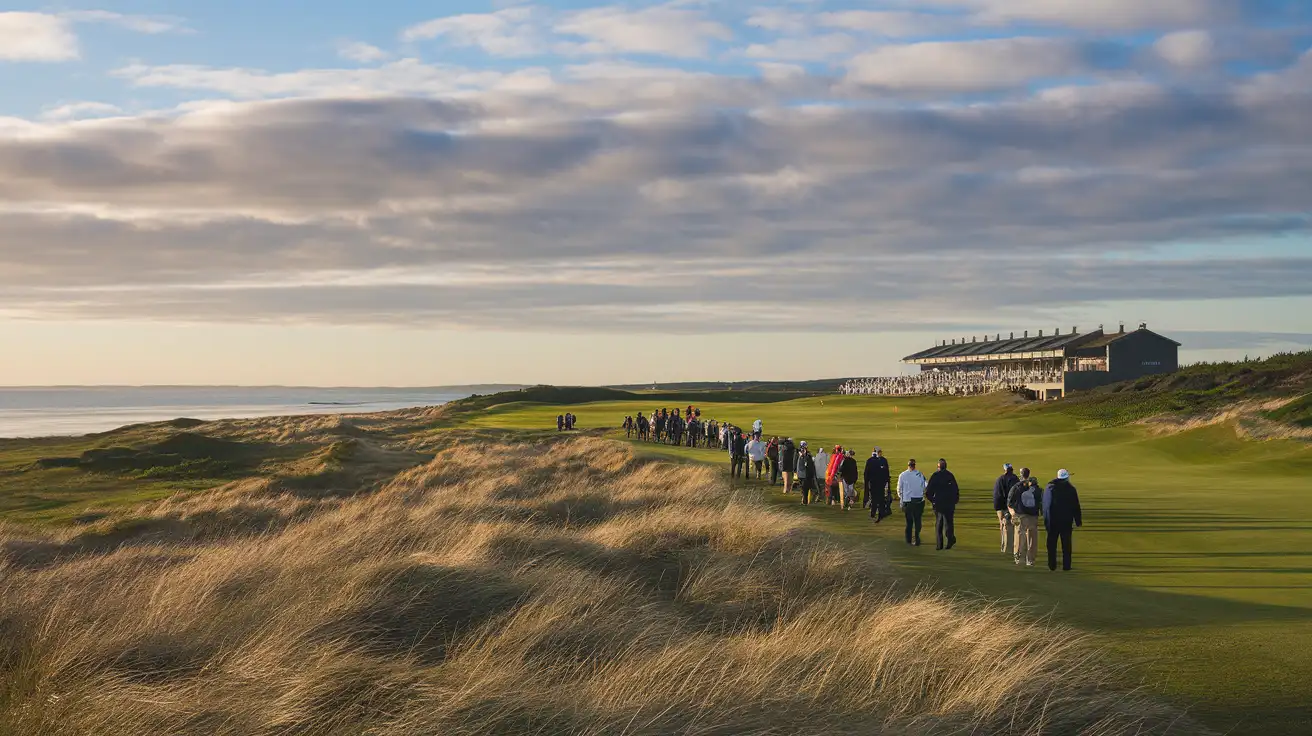 Fans walking along a Scottish links course during a major women's golf championship