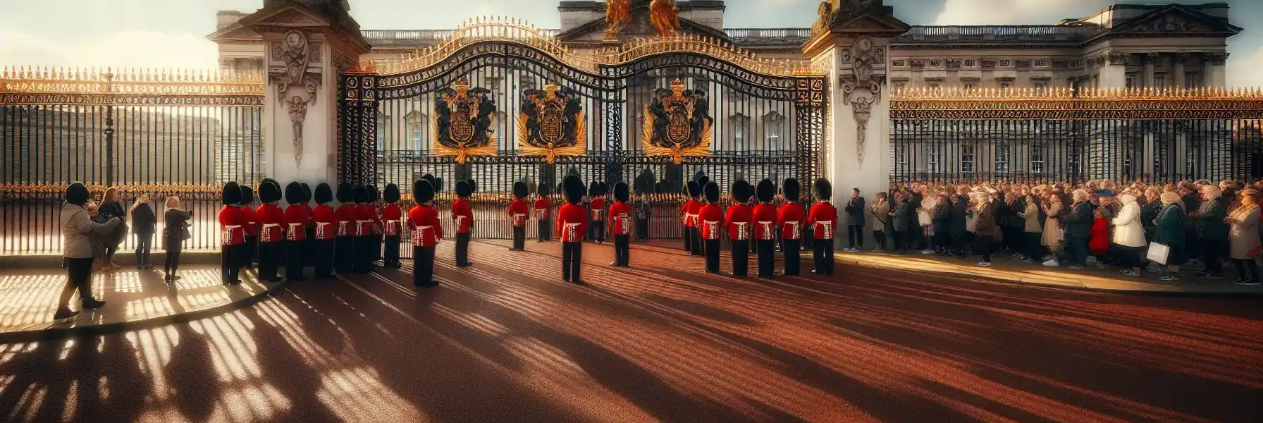 Fațada estică a Palatului Buckingham cu gărzi în tunici roșii la porți și Memorialul Victoria în prim-plan sub lumina dimineții